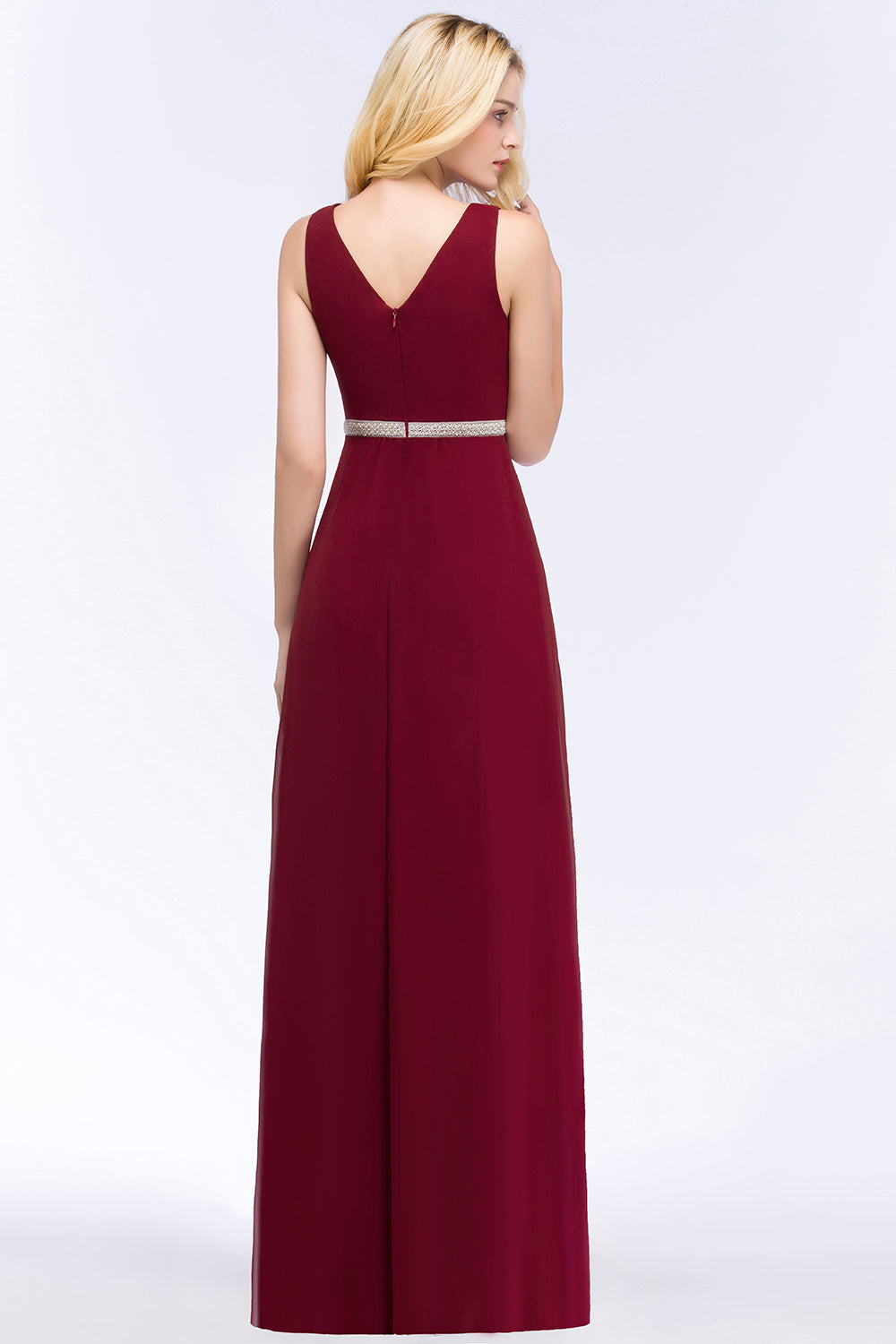 Chiffon Burgundy Long Affordable Bridesmaid Dresses With Beading Sash