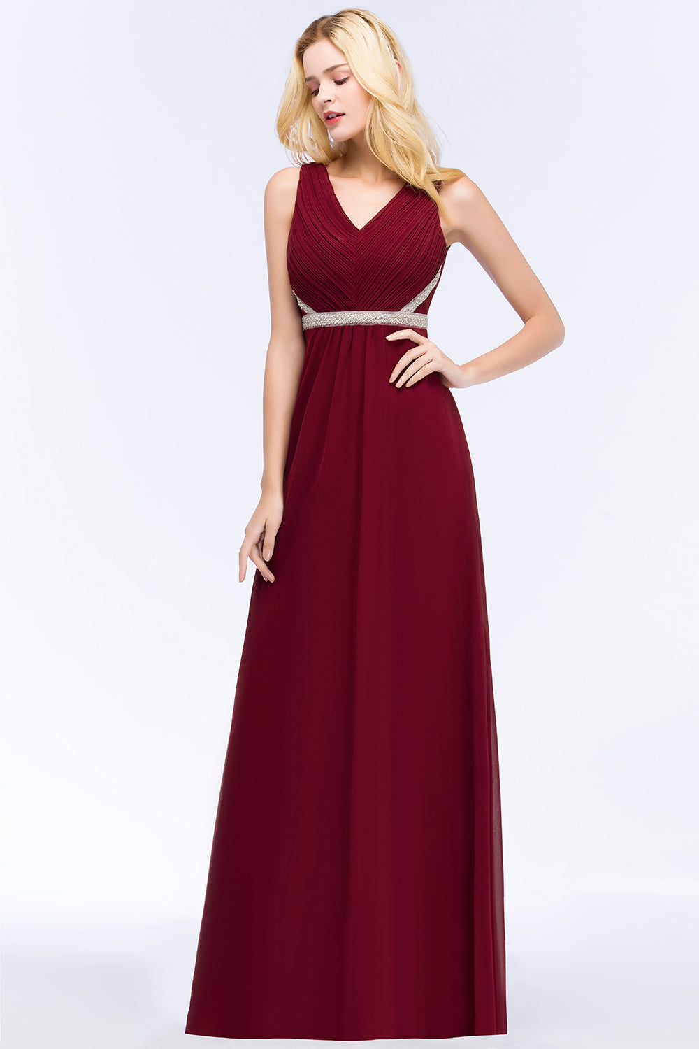 Chiffon Burgundy Long Affordable Bridesmaid Dresses With Beading Sash