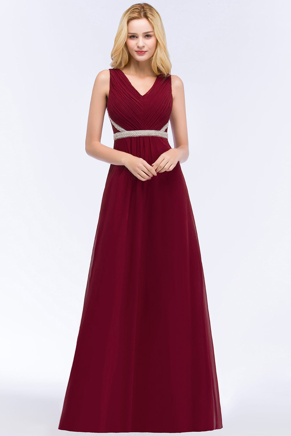 Chiffon Burgundy Long Affordable Bridesmaid Dresses With Beading Sash