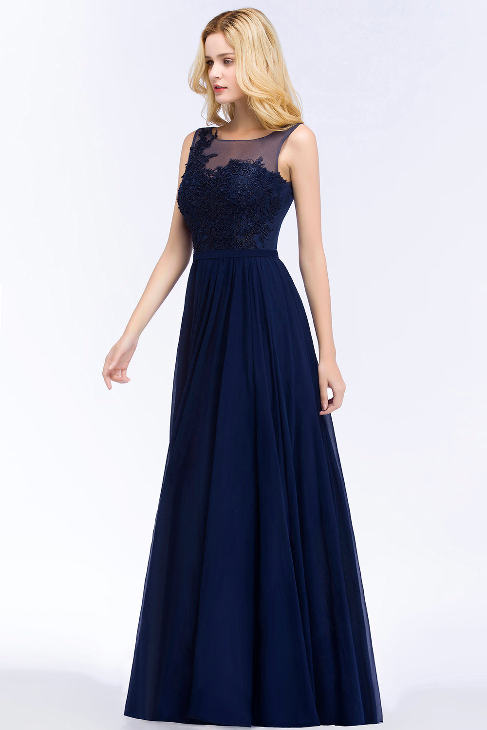 Chiffon Lace Appliques Affordable Navy Bridesmaid Dresses