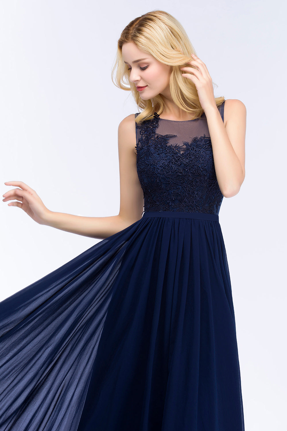 Chiffon Lace Appliques Affordable Navy Bridesmaid Dresses