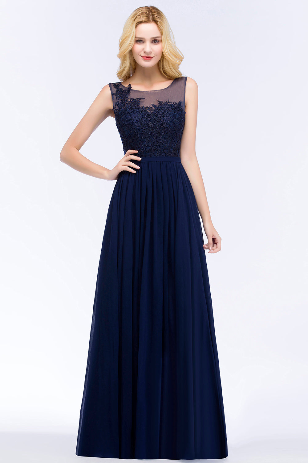 Chiffon Lace Appliques Affordable Navy Bridesmaid Dresses