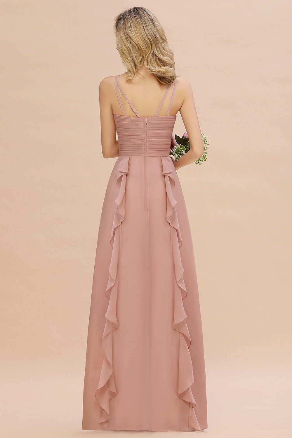 Chiffon Long Sleeveless Bridesmaid Dresses with Cascading Ruffles - Fashionpara