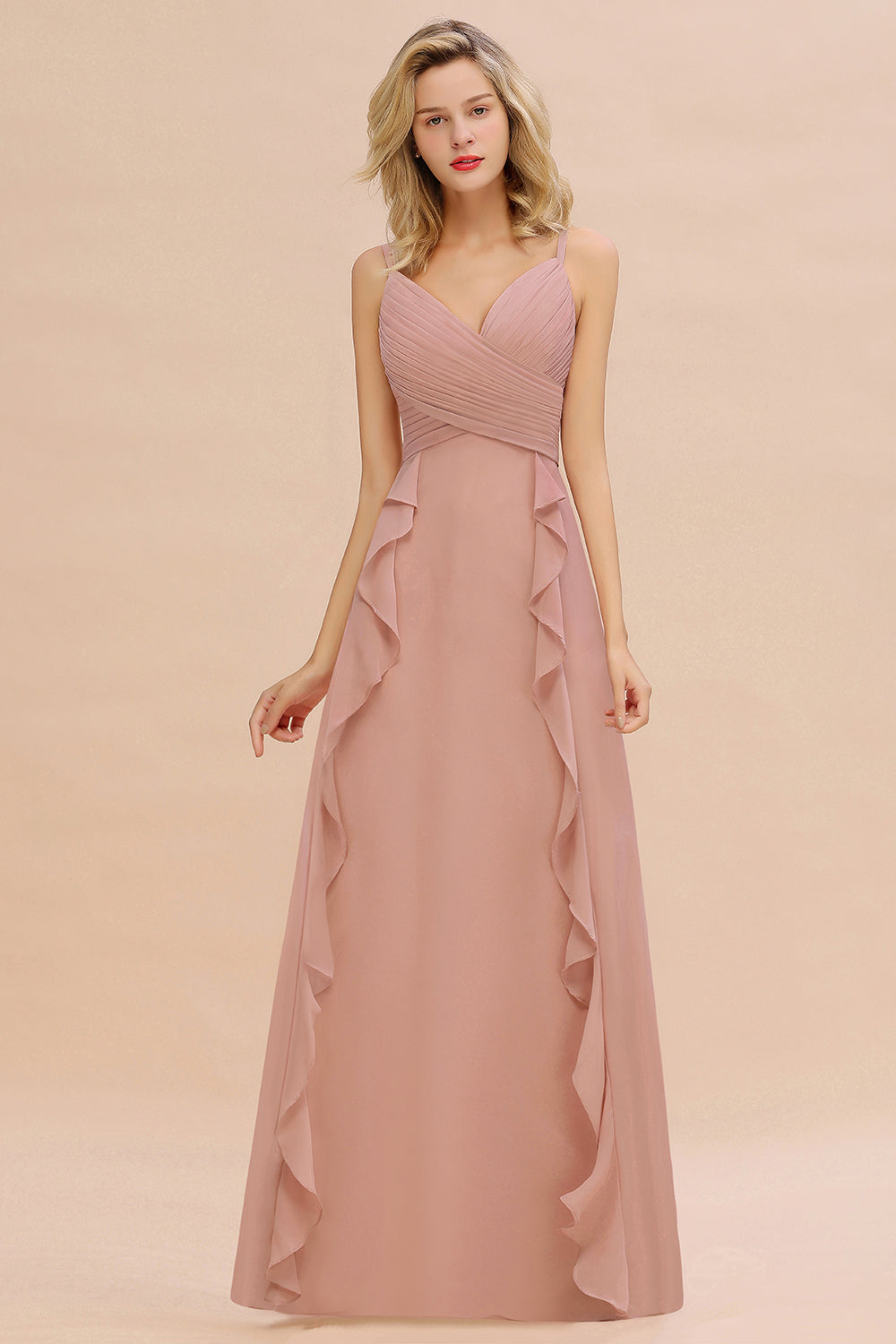 Chiffon Long Sleeveless Bridesmaid Dresses with Cascading Ruffles