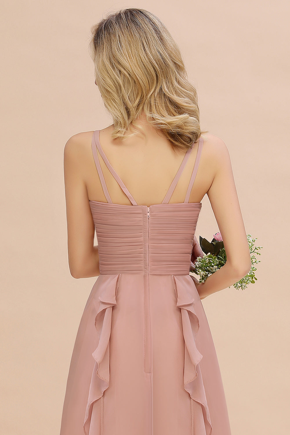 Chiffon Long Sleeveless Bridesmaid Dresses with Cascading Ruffles