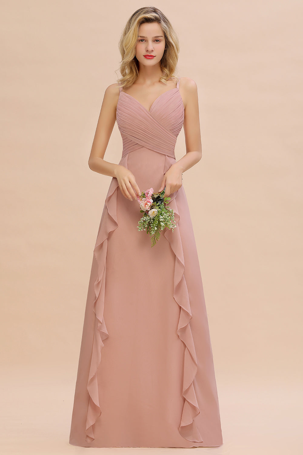 Chiffon Long Sleeveless Bridesmaid Dresses with Cascading Ruffles