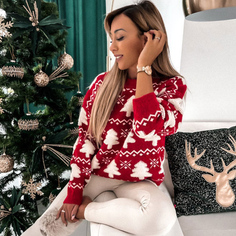 Christmas Tree Jacquard Crew Neck Long Sleeve Oversized Sweater - Red