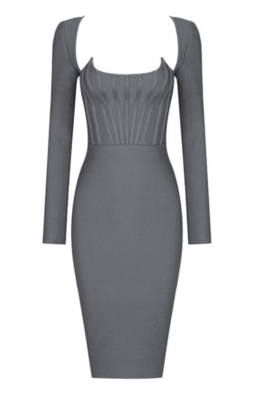 Woman wearing a figure flattering  Cia Long Sleeve  Bandage Dress - Steel Grey BODYCON COLLECTION