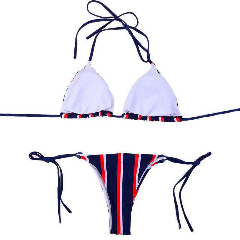 Classic Striped Tie String Sliding Triangle Bikini Set - Dark Blue