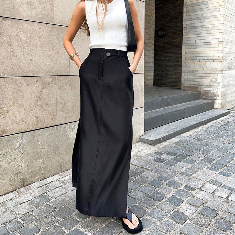 Classic Style High Waist Side Pocket Split Maxi Skirt - Black