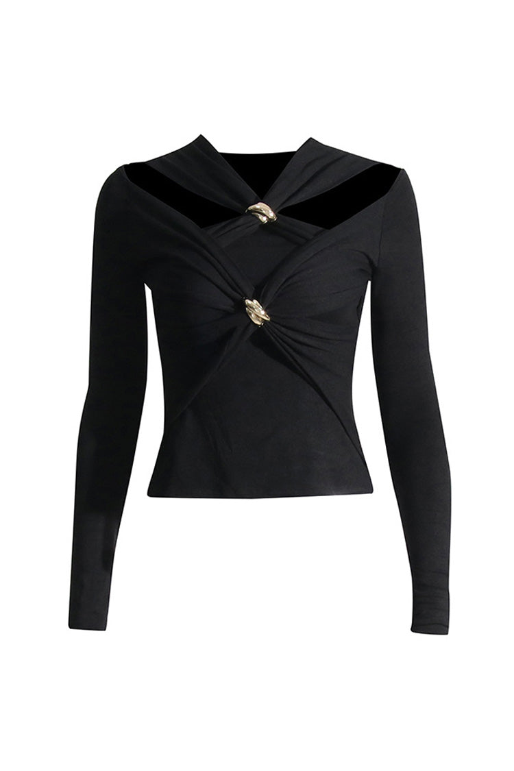 Classy Metallic Trim Twist Cutout Long Sleeve Ruched Crop Jersey T Shirt - Fashionpara