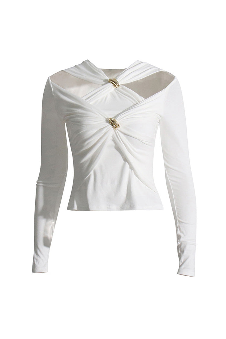 Classy Metallic Trim Twist Cutout Long Sleeve Ruched Crop Jersey T Shirt - Fashionpara