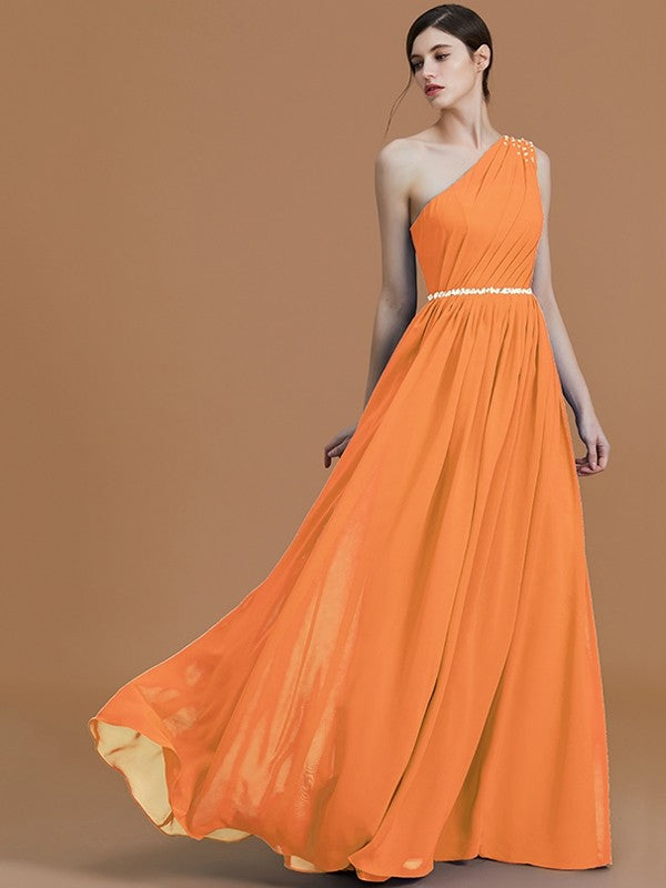 Classy Sleeveless One Shoulders Beading Chiffon Bridesmaid Dresses