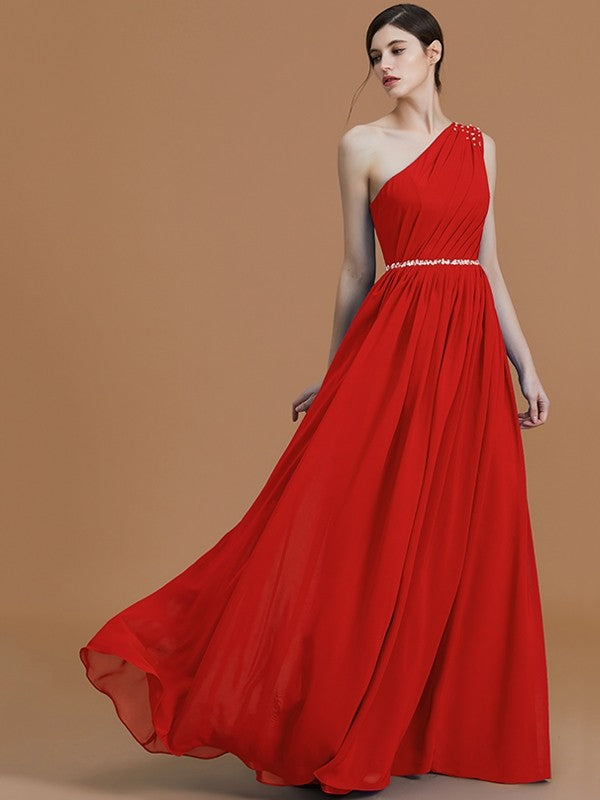 Classy Sleeveless One Shoulders Beading Chiffon Bridesmaid Dresses