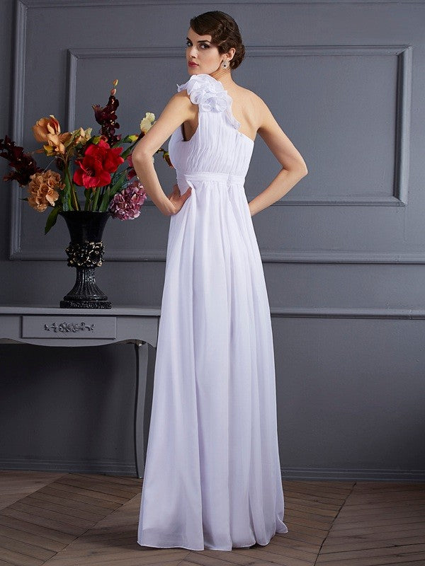 Classy Sleeveless One Shoulders Pleats Applique Long Chiffon Dresses