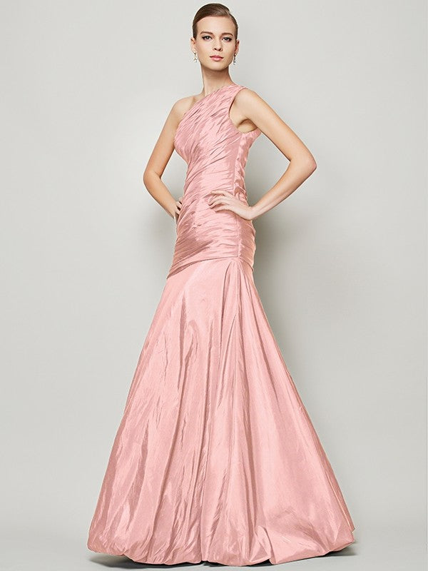 Classy Sleeveless One Shoulders Pleats Long Taffeta Bridesmaid Dresses