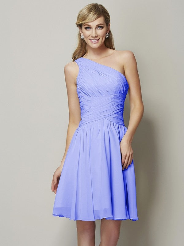 Classy Sleeveless One Shoulders Ruched Short Chiffon Bridesmaid Dresses