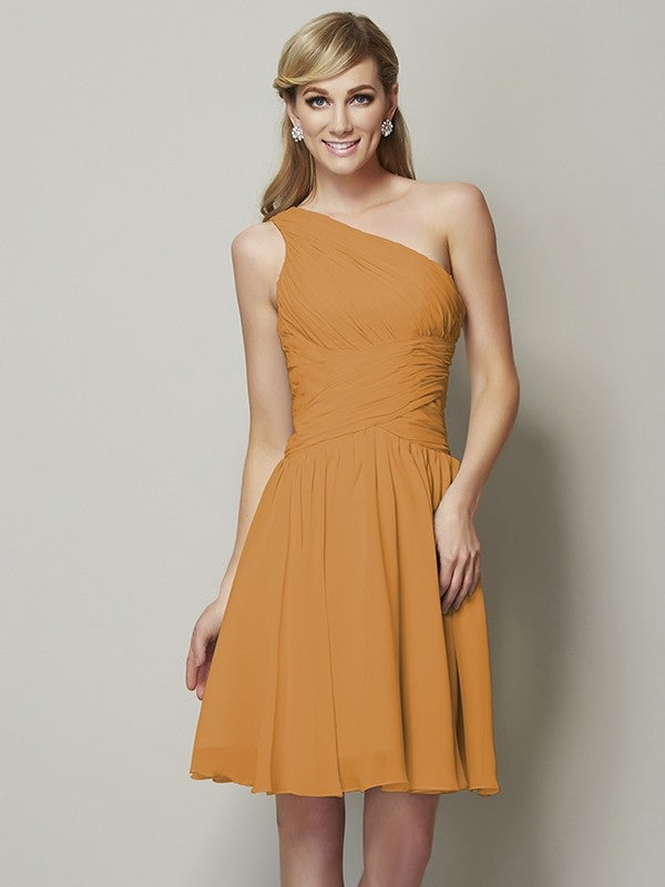 Classy Sleeveless One Shoulders Ruched Short Chiffon Bridesmaid Dresses