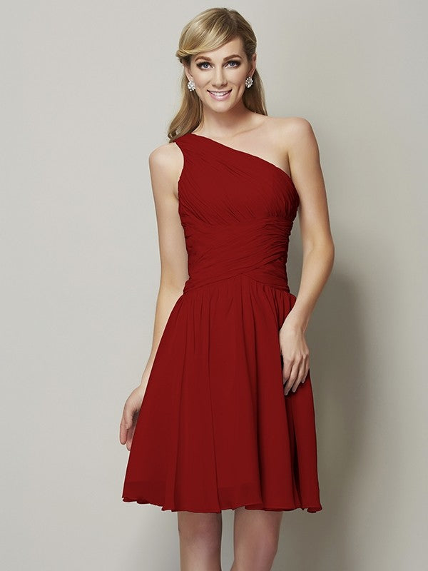 Classy Sleeveless One Shoulders Ruched Short Chiffon Bridesmaid Dresses