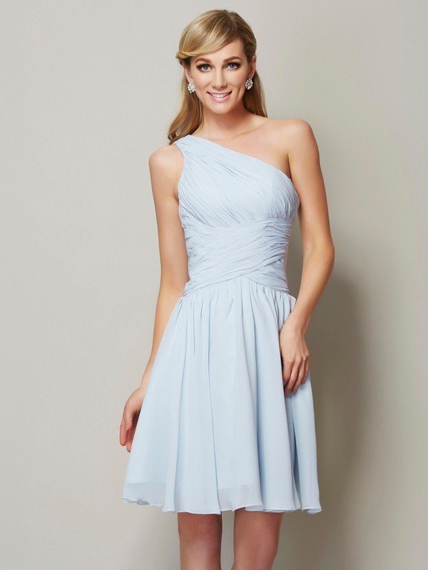 Classy Sleeveless One Shoulders Ruched Short Chiffon Bridesmaid Dresses