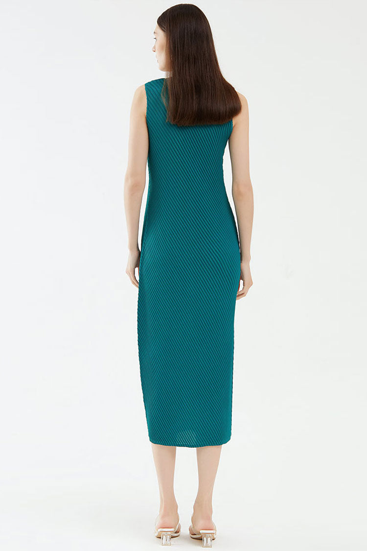 Comfy Diagonal Pleated Crew Neck Sheath Sleeveless Midi Dress - Emerald Green - Fashionpara