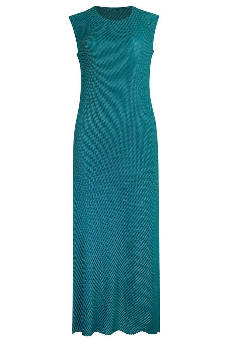 Comfy Diagonal Pleated Crew Neck Sheath Sleeveless Midi Dress - Emerald Green - Fashionpara