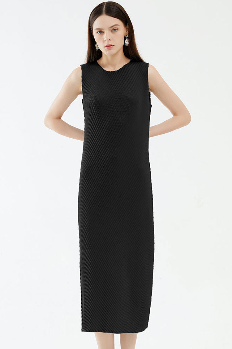 Comfy Diagonal Pleated Crew Neck Sheath Sleeveless Midi Dress - Black - Fashionpara