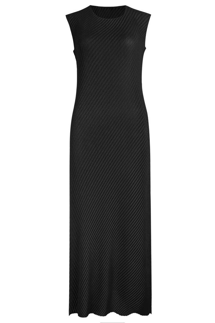 Comfy Diagonal Pleated Crew Neck Sheath Sleeveless Midi Dress - Black - Fashionpara