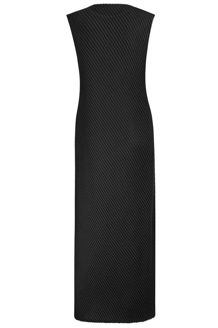 Comfy Diagonal Pleated Crew Neck Sheath Sleeveless Midi Dress - Black - Fashionpara