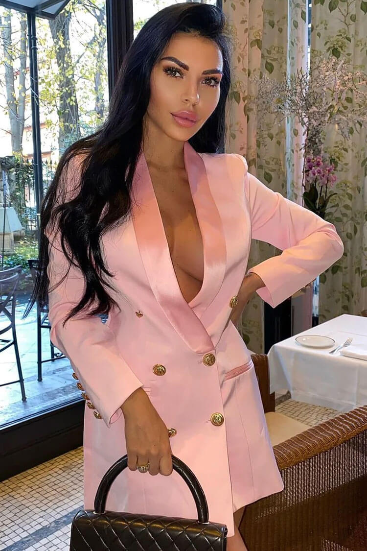 Contrast Trim Shawl Neck Double Breasted Blazer Mini Dress - Pink - Fashionpara