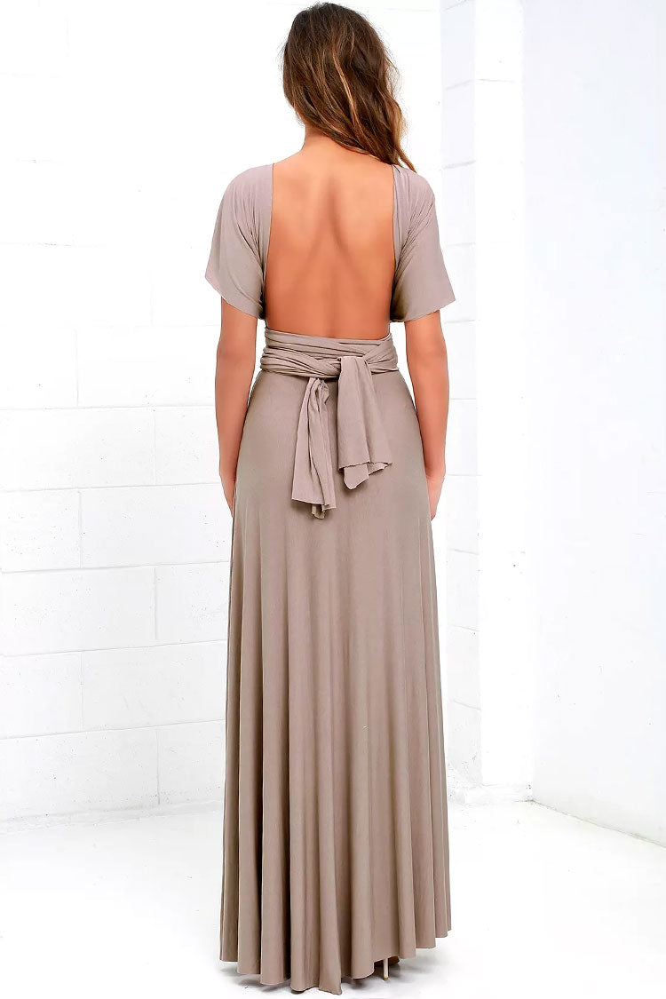 Convertible High Waist A-Line Infinity Maxi Bridesmaid Dress - Khaki