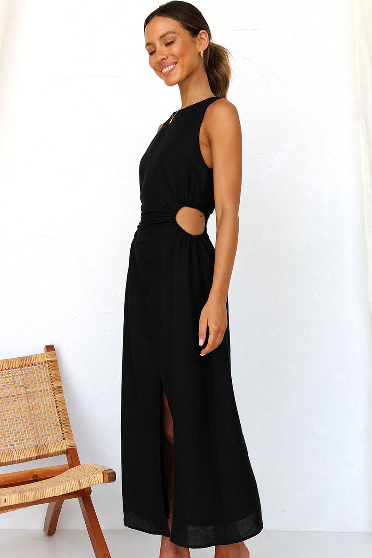 Cool Crew Neck Ruched Cutout Waist Split Midi Summer Sundress - Black