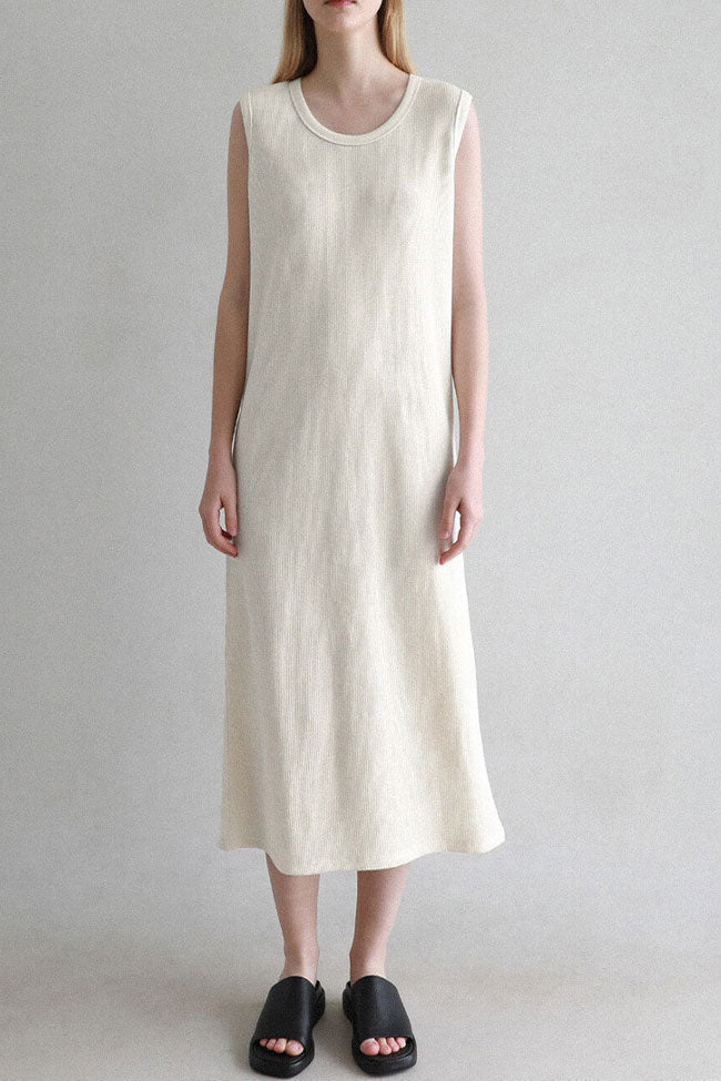 Cozy Textured Cotton Blend Summer Midi Sundress - Off White - Fashionpara