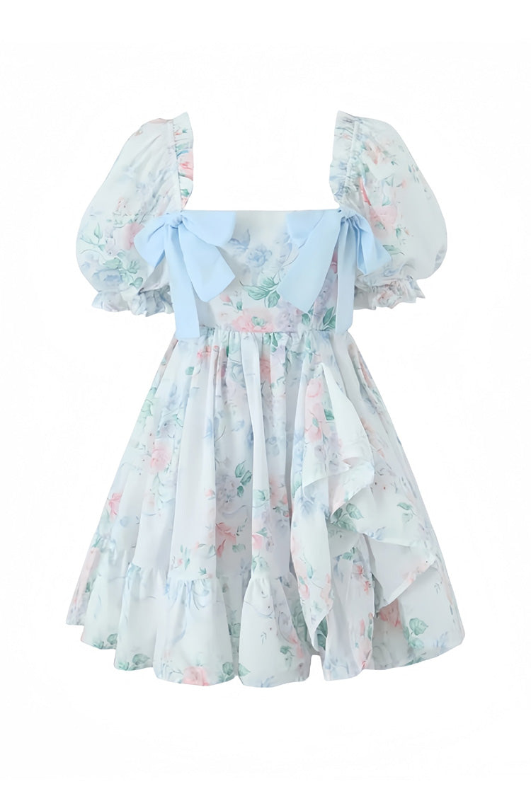 Cute Bow Floral Square Neck Puff Sleeve Ruffle Summer Mini Babydoll Dress - Fashionpara