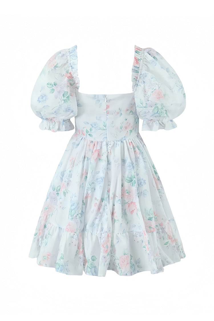 Cute Bow Floral Square Neck Puff Sleeve Ruffle Summer Mini Babydoll Dress - Fashionpara