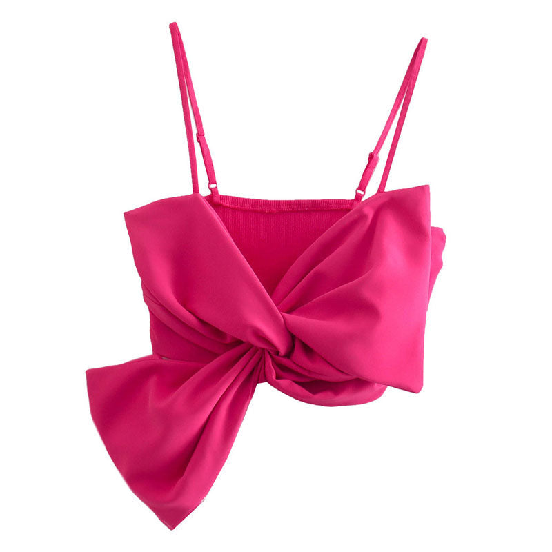 Cute Bow Tie Embellished Ribbed Trim Sleeveless Crop Top - Hot Pink