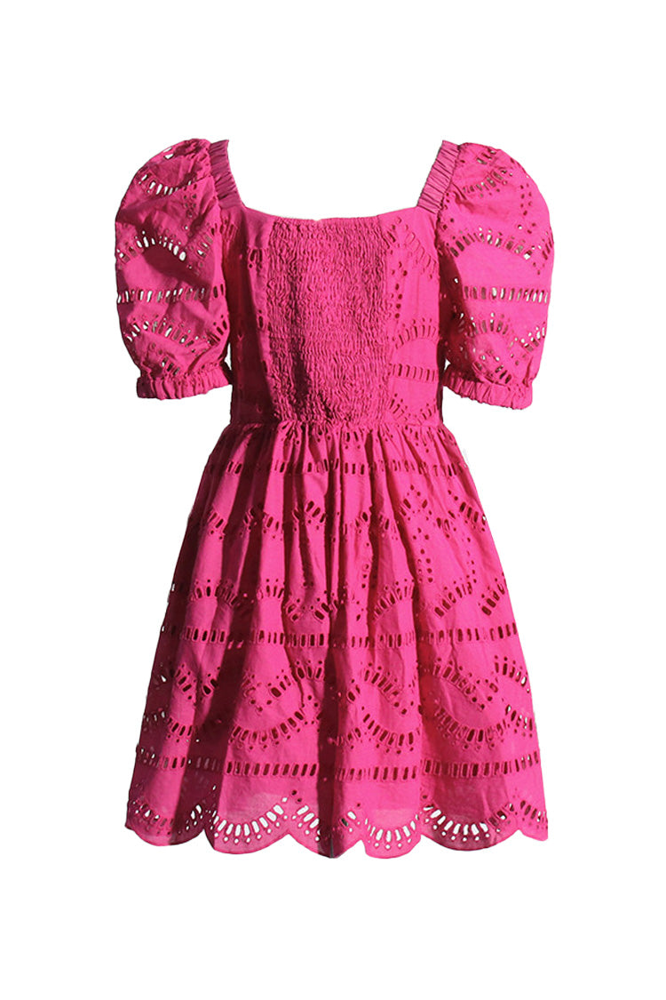 Cute Cutwork Broderie Anglaise Button Up Puff Sleeve Summer Mini Dress - Fashionpara