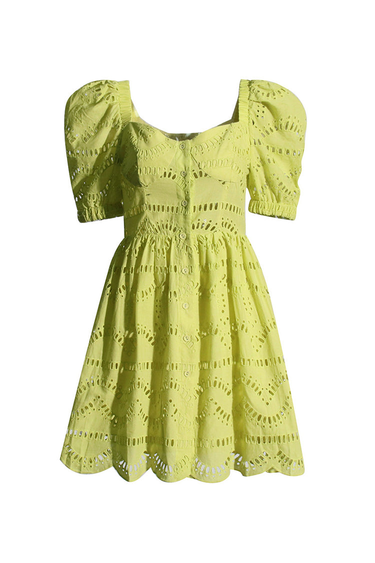 Cute Cutwork Broderie Anglaise Button Up Puff Sleeve Summer Mini Dress - Fashionpara