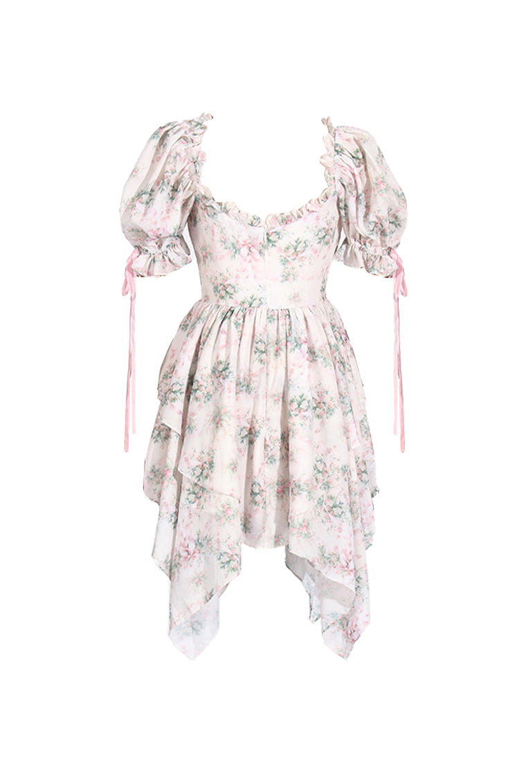 Cute Floral Print Sweetheart Lace Up Asymmetrical Ruffle Summer Mini Dress - Fashionpara