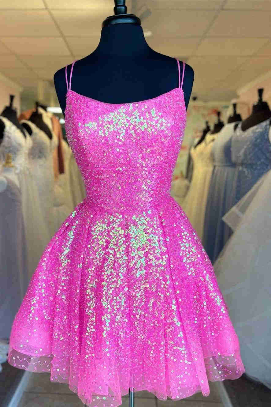 Hot Pink Sequined A-Line Homecoming Dress