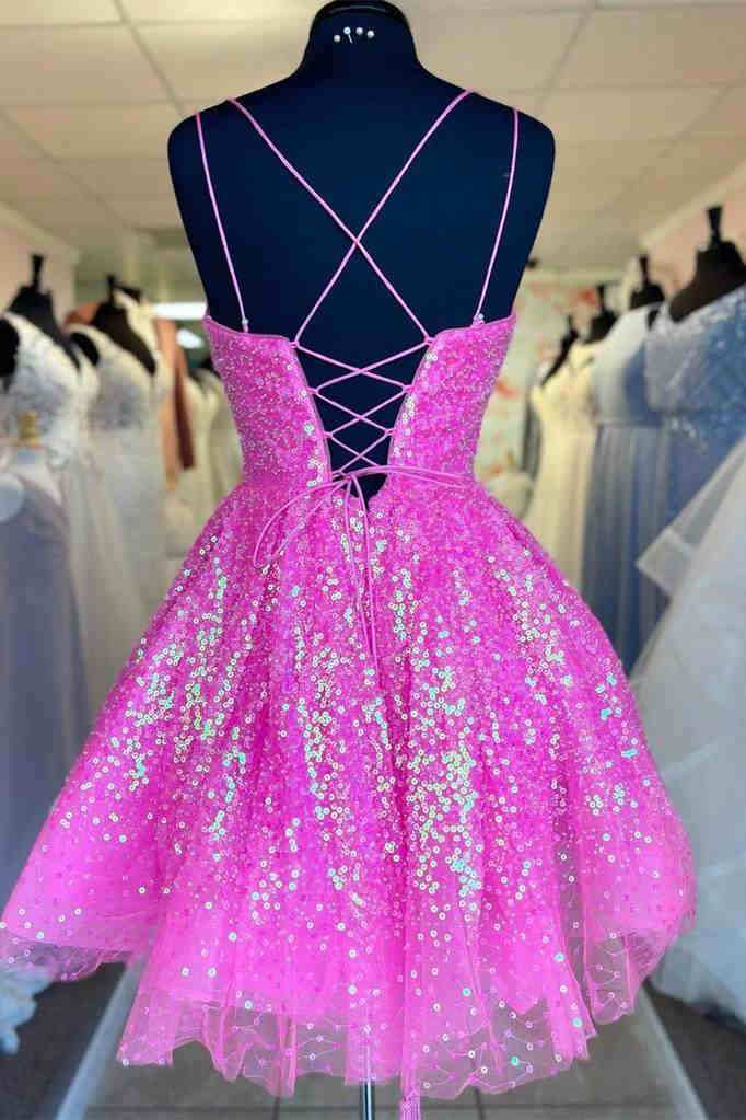 Hot Pink Sequined A-Line Homecoming Dress