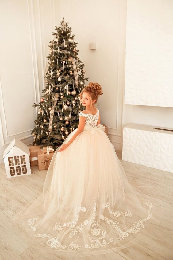 Cute Lace Tulle Flower Girl Dress Cap Sleeves - Fashionpara