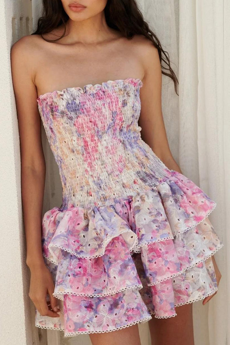 Cute Ruffle Strapless Smocked Broderie Anglaise Tiered Floral Mini Dress