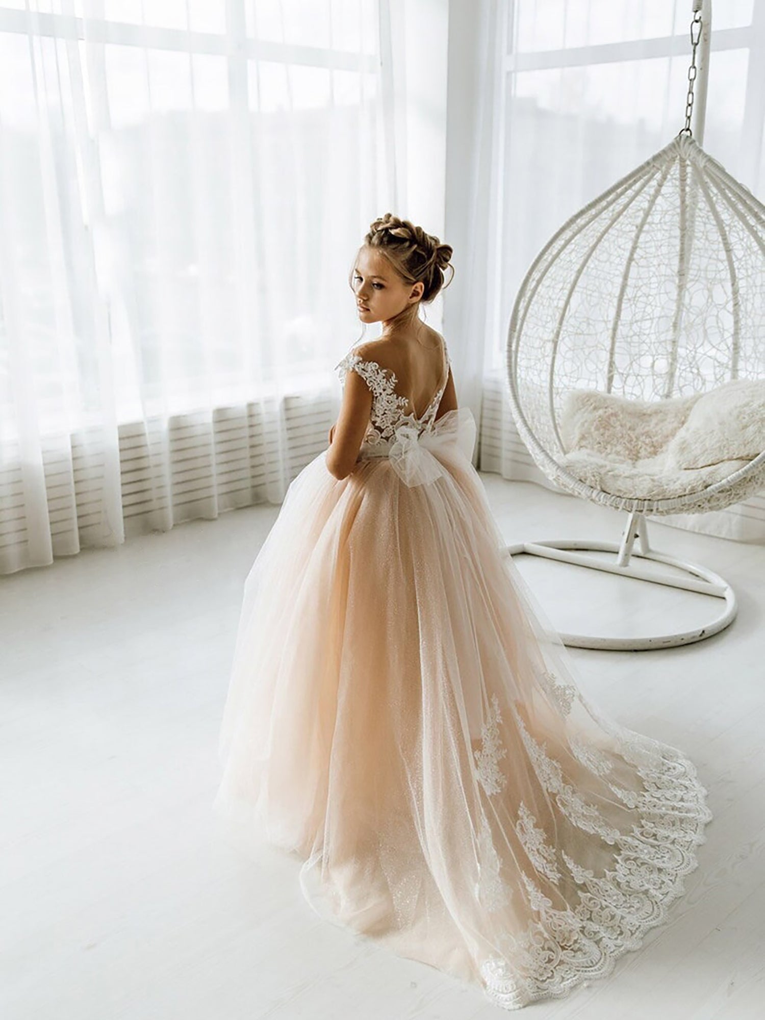 Cute Sleeveless Floral Lace Champagne Flower Girl Dress - Fashionpara