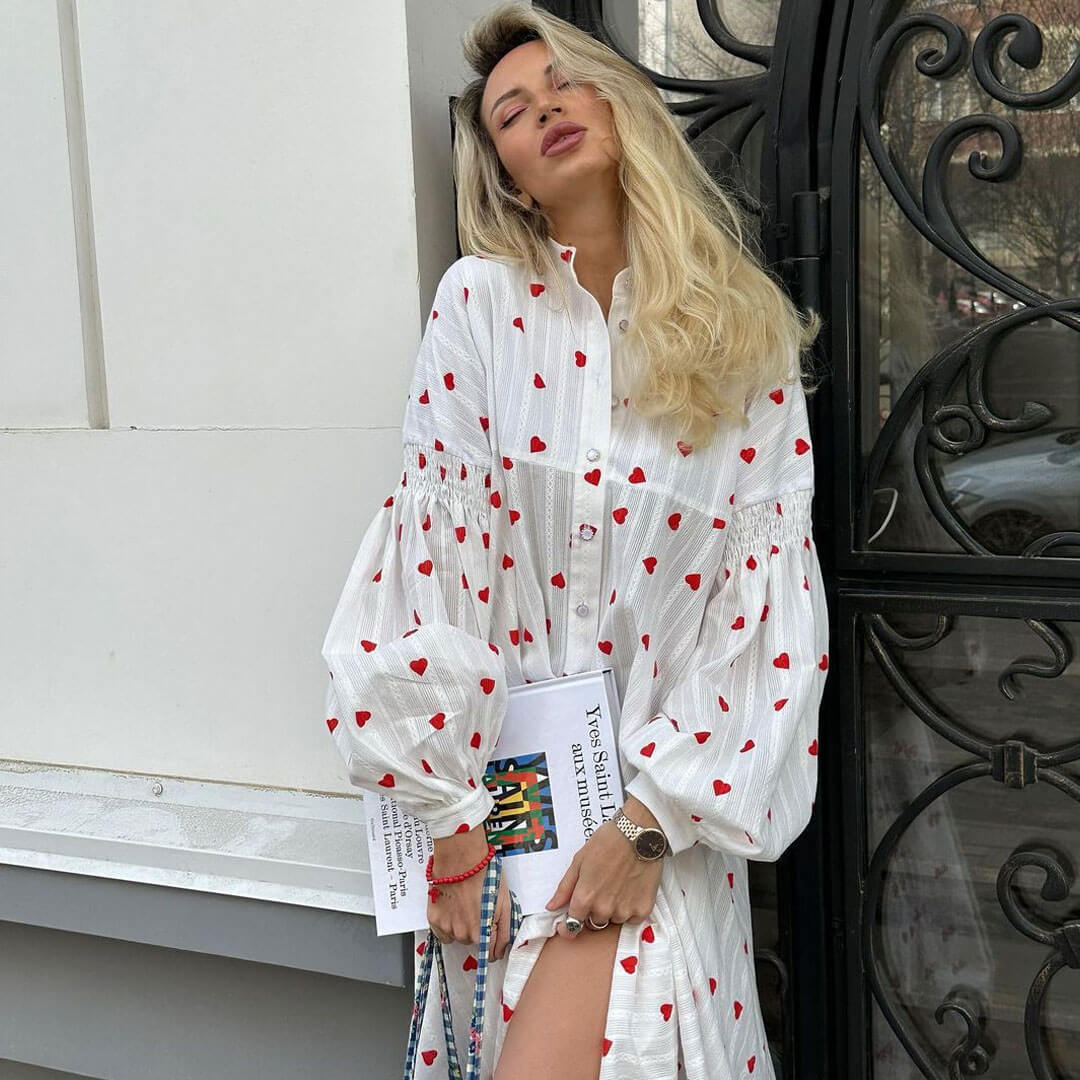 Cute Striped Heart Print High Neck Bishop Sleeve Button Up Maxi Shirt Dress - Red