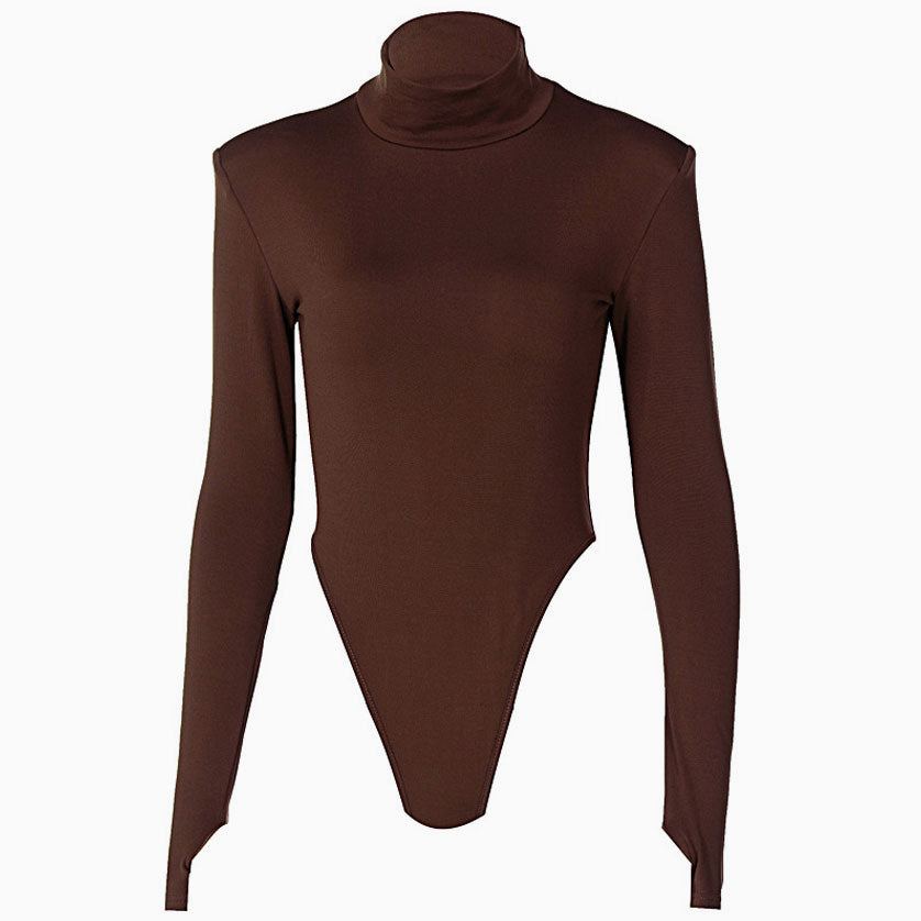 Cutout Back Long Sleeve High Cut Turtleneck Bodysuit - Coffee