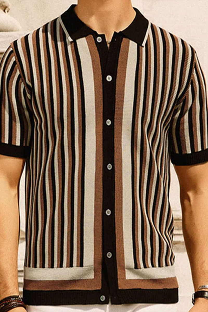 Summer Men's Business Casual Striped Polo Collar Short Sleeve Cardigan