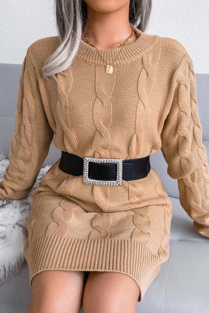 Solid Cable-knit Round Neck Sweater Dress