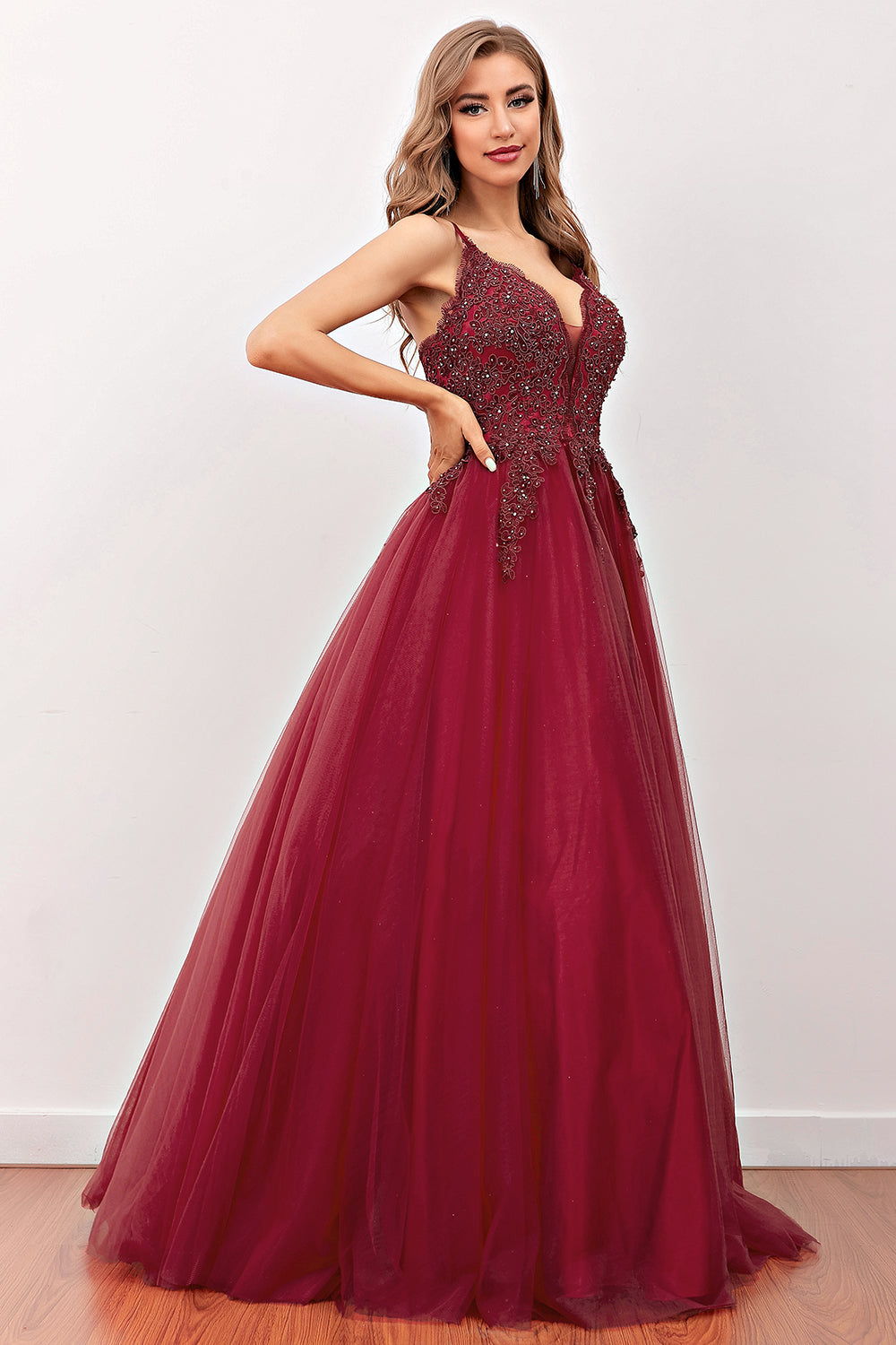 Burgundy Beaded Long Prom Dress