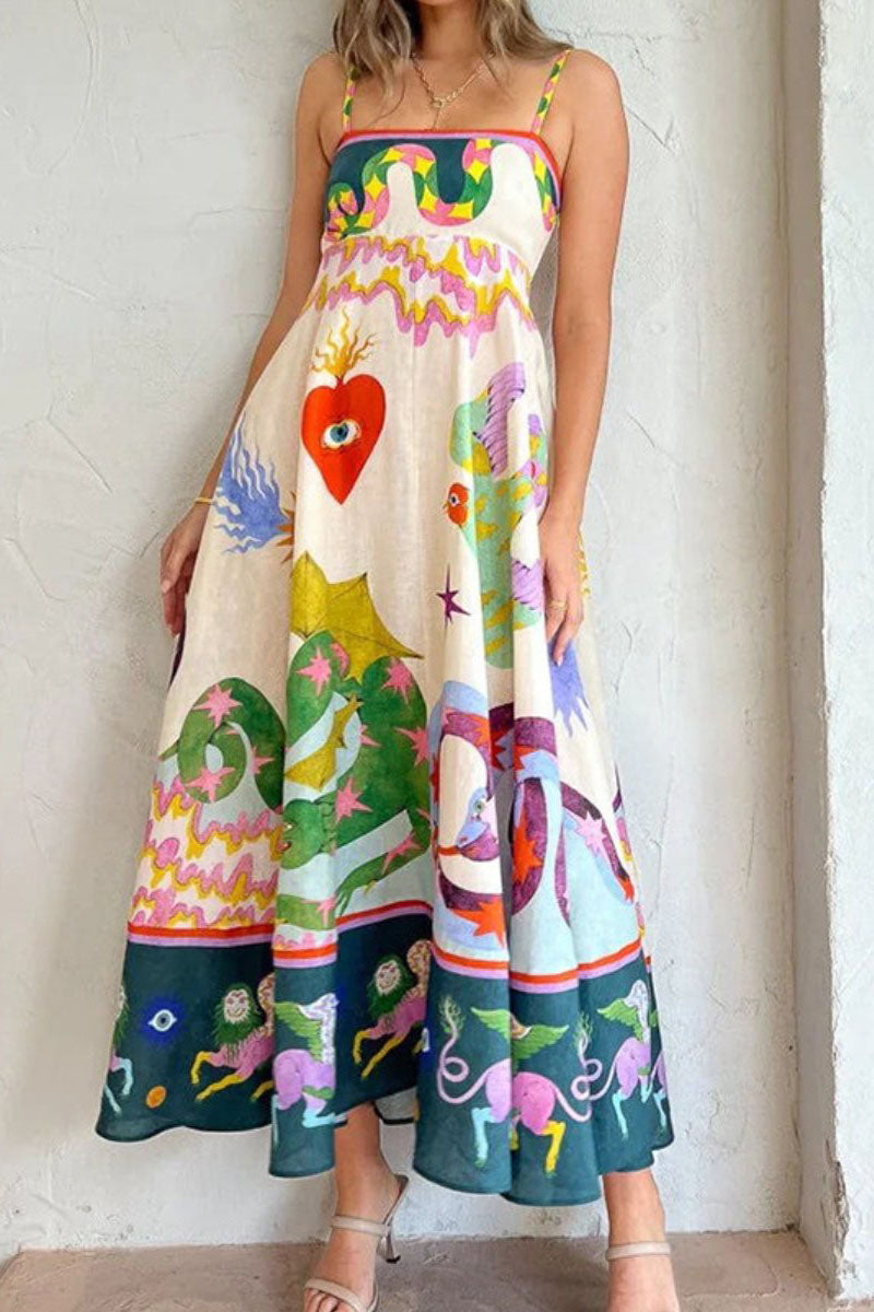 Multicolor chic positioning painting print suspender skirt